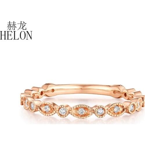 HELON Diamonds Band Solid 14K Rose Gold AU585 Round 0.1ct SI/H Natural Diamond Wedding Ring Anniversary Art Deco Antique Jewelry
