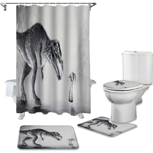 Girl Dinosaur Forest Fairytale Cartoon Shower Curtains Set Bath Mat Set Toilet Cover Waterproof Shower Curtain and Rug Sets