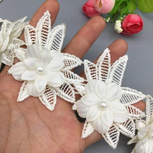 20x Pearl Rose Flower Apricot 6x5.5cm Embroidered Leaf Lace Trim Ribbon Fabric Sewing Supplies Craft DIY For Costume Dress Hat