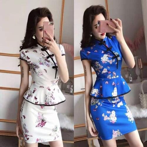 Summer retro short sleeve modified cheongsam sexy hip wrap short skirt fake two piece dress