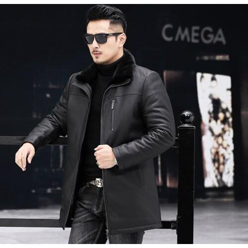 Mens winter sheepskin leather fur coat and fur one long mink cunning fur coat