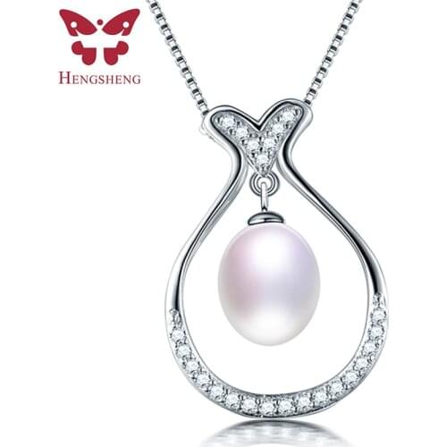 HENGSHENG 100% Genuine Natural Freshwater Oval Pearl Necklace 925 Sterling Silver Zircon Pendant Necklace Women Jewelry