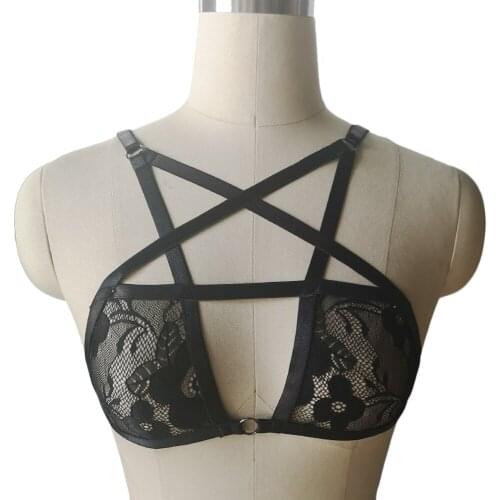 Pentagram Body Harness Lace Black Translucent Sexy Lingerie Pastel Goth Body Belt Crop Top Harness Woman Bondage Cage Bra