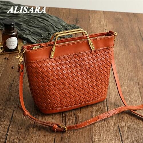 French romantic woven bag leather Shoulder Rattan leather weaving Vintage Tote messenger bag Art personality handbag for women