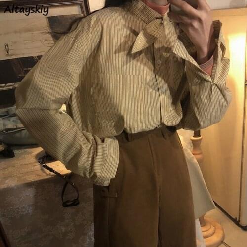 Striped Shirts Women Basic Japanese Style Leisure Loose Harajuku Streetwear BF Unisex Couple Female Top Trendy Popular Spring