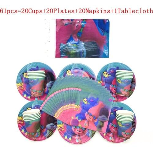 Cartoon Trolls Theme 61Pcs/41Pcs Disposable Tableware Sets Kid Birthday Party Cup Plate Napkin Tablecloth Decoration Supply