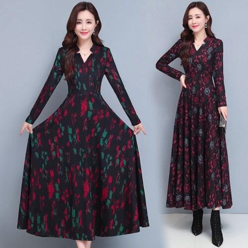 Retro Full Sleeve V-Neck Dress Womens Autumn/Winter New Big Hemline Mid-Length Printed Dress Long Fashion Female Vestidos y1214