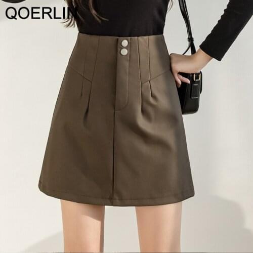 QOERLIN Metal Buckle A-Line Shorts Skirt PU Leather High Waist Skirt Autumn Winter New Skirt Women Plus Size Black Saia Mujer