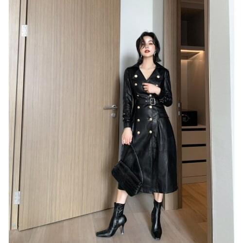 Oversized Black Long Autumn Womens Leather Jacket Long Sleeve Double Button Long PU Leather Jacket Woman Loose Faux Leather