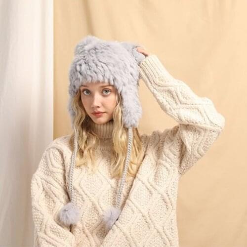 High Quality Winter Warmer Women Pom Pom Rex Rabbit Fur Knitted Hat Ladies Outdoor Warm Cap Girls Party Christmas Gift
