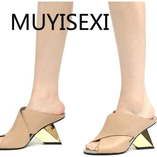 Unique slipper summer shoes women genuine leather fashion elegant peep toe sexy high heels concise cozy sandal HL204 MUYISEXI