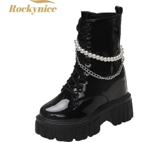 2021 Thick Heel Ankle Boots Chunky Sneakers Women High Heels Winter Platform Patent Leather Woman Shoes 10cm Wedges Chain Boots