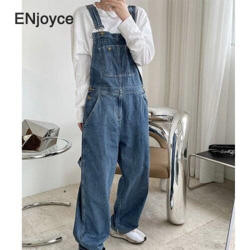 Women Classic Full Cotton Denim Jumpsuit Vintage Loose Overalls Cargo Pants Pockets Jumpsuits Casual Jeans Spring Summer 2021