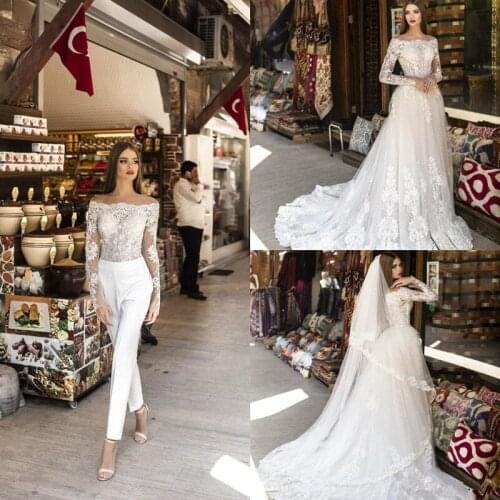Long Sleeve Jumpsuit Wedding Dresses With Detachable Train 2021 Sweep Train Bridal Dress Lace Appliqued Long Robes De Mariée