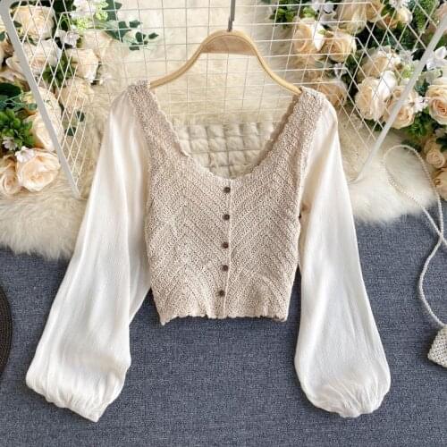 French retro knitted tops womens round neck puff sleeve front buttons open back sweet long-sleeved tops shirt