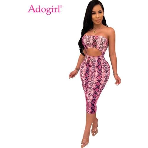 Adogirl Snakeskin Print Cutout Women Strapless Dress Fashion Sexy Sleeveless Bodycon Midi Night Club Party Dress Casual Vestidos