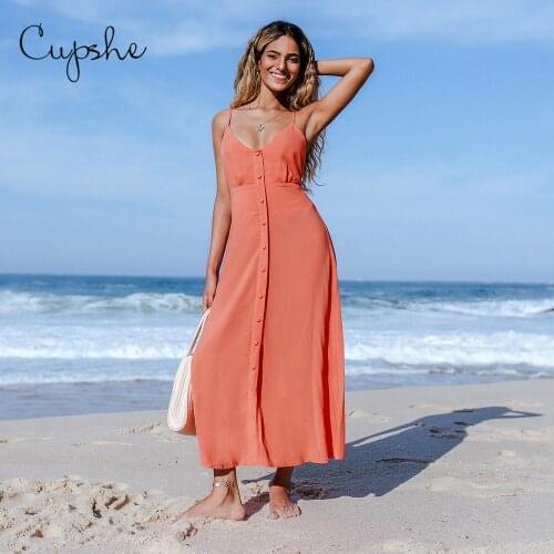 CUPSHE Orange Button Midi Dress For Woman Sexy V-Neck Spaghetti Straps Beach Dress 2021 Summer One-piece Sundress Vestidos