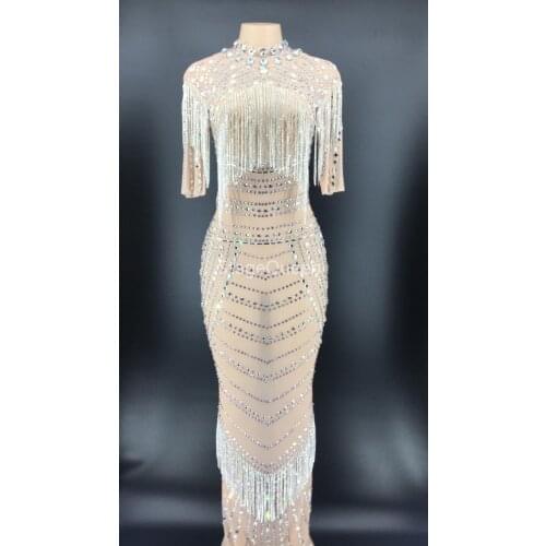 Women Sexy Stage Mesh Silver Crystals Dress Women Wedding Birthday Celebrate Evening Transparent Prom Mesh Rhinestones Dress