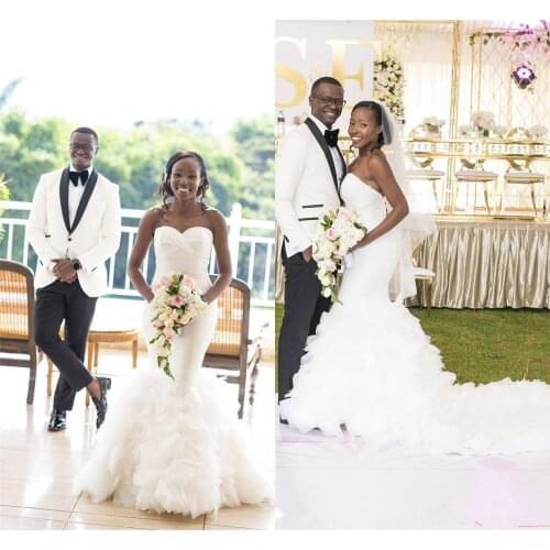 Vestido De Novia Luxury Sexy Lace Appliqued Mermaid Wedding Dress tiered African Black Girl Plus Size long Train Bridal Gown