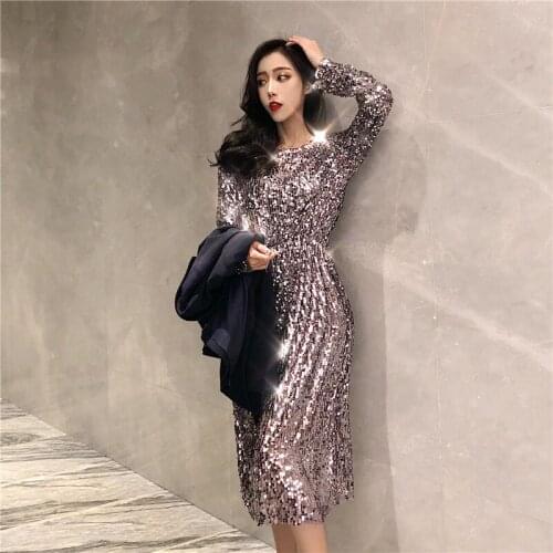 Large Size Fashion Sequined Evening Dresses Female High Waist Round Neck Dress Elegant Womens Formal Party Long Dresses 2021