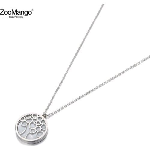 ZooMango Original Design Stainless Steel White Shell Tree Pendant Necklace Jewelry Trendy Chain Necklace For Women Girls ZN19118