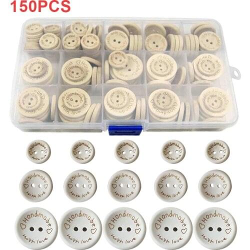 150Pcs 2 Holes Wooden Buttons Handmade With Love 15mm 20mm 25mm Box Set DIY Handmade Craft Scrapbook Patchwork Accessories