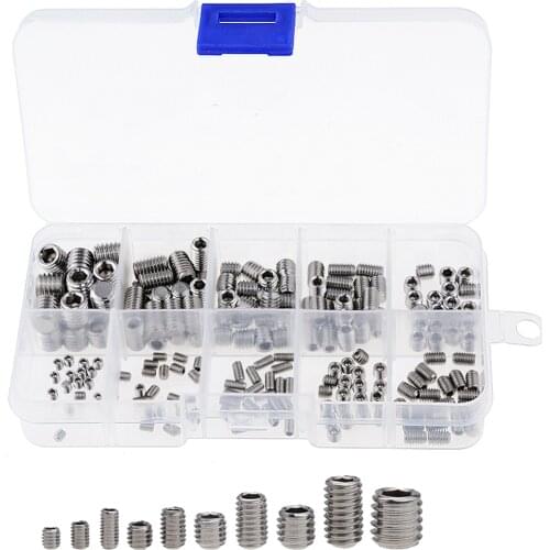 200PCS/Box M3 M4 M5 M6 M8 Stainless Steel Hex Socket Set Screw Grub Screws Assortment Kit