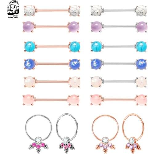 2020 New Flower Nipple Tongue Ring Stone Opal CZ Nipple Piercing Shield Women Man Steel Barbell Straight Bar O-ring Body Jewelry