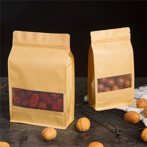 300Pcs/lot Brown Stand up Paper Window Packaging Bag Snack Cookie Tea Packaging Frosted Window Bag Gift Bags Pouches Wholesale