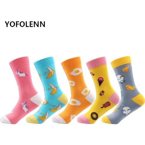 5 Pairs/lot 2019 High Quality Combed Cotton Women Socks Set Banana Horse Pattern Long Tube Colored Happy Funny Socks for Girl