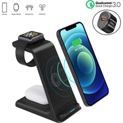 15W 3 in 1 Wireless Charger Fast Charging for iPhone 12ProMax 11/XR/Xs For Apple i Watch 6 5 For Airpods Pro With US EU Charger