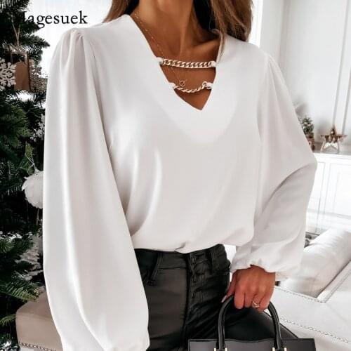 Spring Autumn Fashion Long Sleeve Blusa Elegant Solid Chain V-neck Chiffon Blouse Shirt Women Sexy Hollow Out Pullover Top 12829