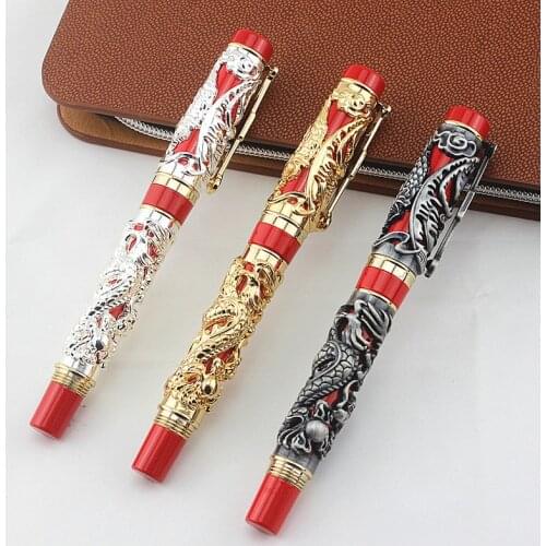 Luxury Gift Pen Jinhao Grey and Red 3D Dragon and Phoenix gel pen 0.7mm Metal Ink Pens Office Supplies Roller Ball Pen