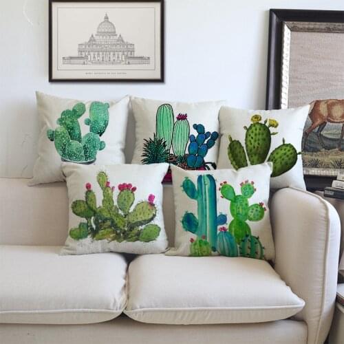 18" Square Linen Home Decorative Cactus Throw Pillows Hand Painting Potted Plants Tropical Cactus Nordic Euro Sofa Chair Cushion