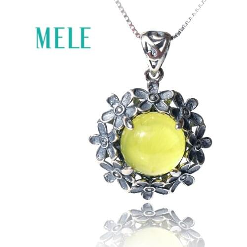 Natural yellow prehnite silver 925 pendant,13mm 8.7ct round cut gemstone with flowers Vintage carving style fine jewelry