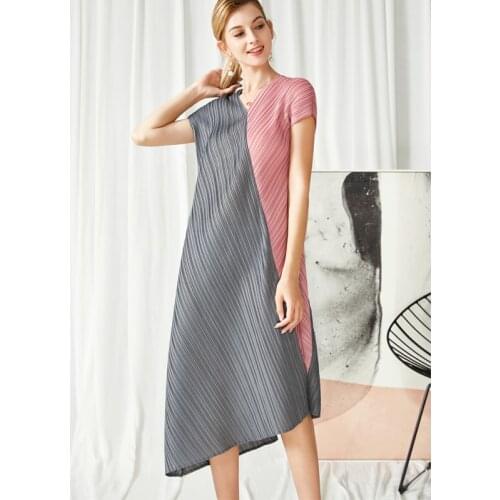Issey Miyake Pleated women clothing contrasting color Long Skirt 2021 V-neck Loose elegant dresses for women