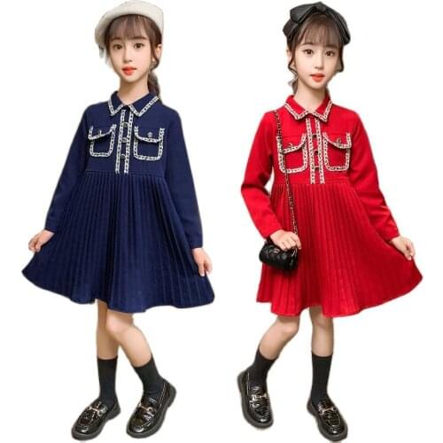 Sale Fall Clothes for Kids Girls Red Navy Blue Knee-highs Princess Party Dresses 4 -14 Years Boutique Christmas Childrens Dress