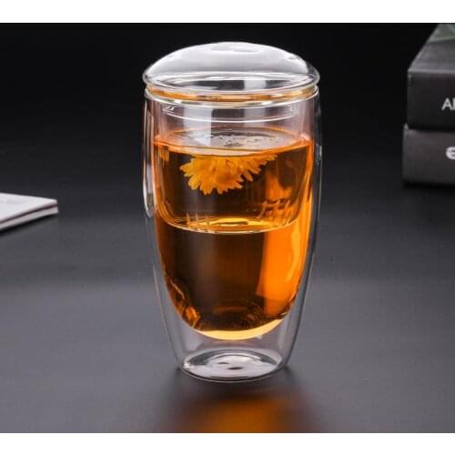 Double walled high borosilicate glass tea cup, transparent food grade 350ml with infuser egg shape cup