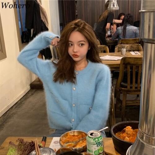 Woherb Elegant Cashmere Cropped Cardigan Knitted Sweater Coat Women Kawaii Ladies Streetwear Button Up Solid Kardigany Damski