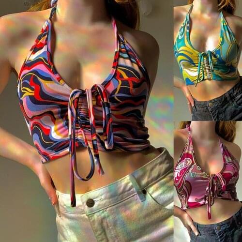 2021 New Women Abstract Halter Bandage Tops Sexy Slim Backless Artistic Water Ripple Crop Top Club Vest Y2k Tank-Girl Outfits