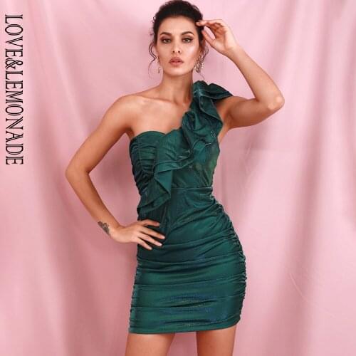 LOVE & LEMONADE Sexy Green Slant Shoulder Stacked Ruffled Slim Pleated Reflective Party Mini Dress LM82102