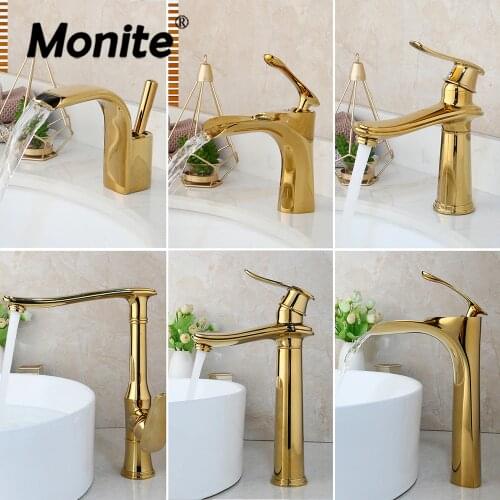 Monite Golden Polished Bathroom Basin Faucet Solid Brass Faucet Deck Mounted Vanity Mixer Tap Plumbing Fixture Stream Spout Tap