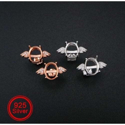 1Pair 7x9MM Oval Studs Earrings Settings Angel Wing Rose Gold Plated Solid 925 Sterling Silver Bezel DIY Supplies 1706054