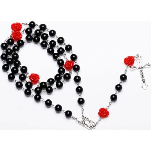 Long Tassel Cross Pendants Necklaces for Women Black Pearls Beaded Holy Rosary Necklace Catholic Rosaries Pray Religious Jewelry