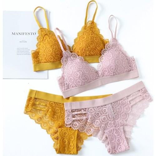 Women Lace Underwear Set Floral Sexy Padded Bralette Plunge Bra See Throught Panties Deep V Tops Ladiew Lingerie Light Weight