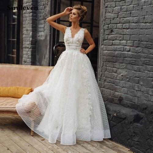 Smileven Ivory Lace Wedding Dress Sexy V Neck Puff Tulle Bridal Gowns Backless Vestido De Noiva Wedding Party Dresses