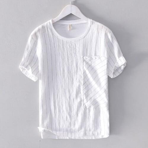 2019 Mens linen stitching striped short-sleeved t-shirt solid summer white t shirt men fashion tops tshirt male camisa chemise