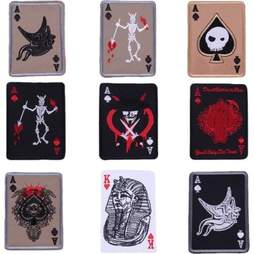 Skeleton Poker Iron on Biker Patch Embroidered Applique Sewing Label Punk Biker Clothes Stickers Apparel Accessories Badge
