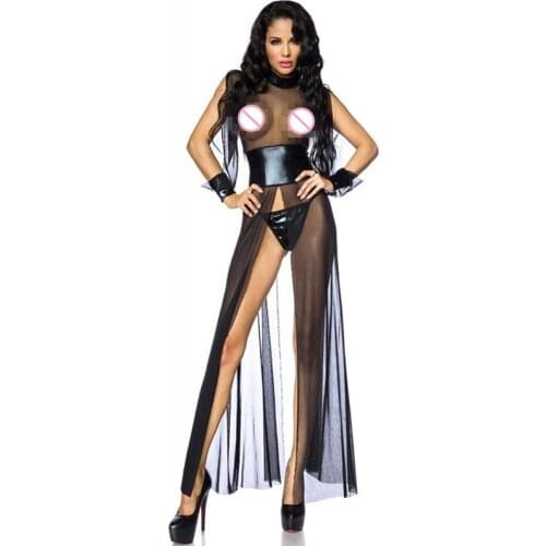 New Women Long-Sleeve Sheer Mesh Sexy Erotic Dress Black Faux Leather Patchwork Gothic Catsuit Dress Night Party Club Wear Dress