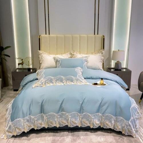 New Romantic Feather Lace Edge Woman Bedding Set 100S Egyptian Cotton Duvet Cover Set Quilt Cover Bed Comforter Set Fitted Sheet